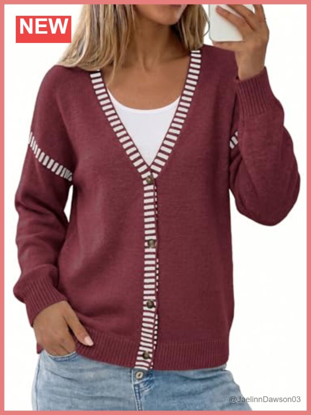 Oversized Cardigan Sweater Button Front Stripe Trim Long Sleeve